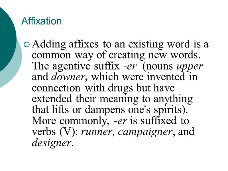 Affixation  Adding affixes to an existing word is a common way of creating